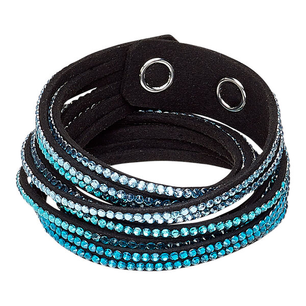 Bracelet, 6-strand wrap, acrylic rhinestone / faux suede / imitation rhodium-plated brass, black / clear / multi-blue, 19mm wide, adjustable at 6-1/2 and 7 inches with snap closure. Sold individually. image number 0