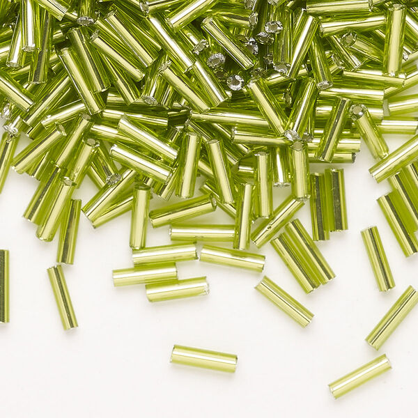 Bead, Ming Tree™, bugle bead, glass, pkg/1/4 pound, 1/4 inch, silver-lined translucent lime green. image number 0