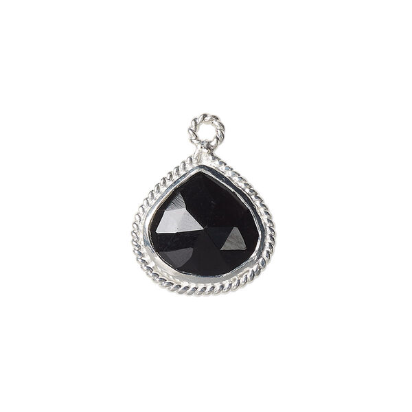 Drop, black onyx (dyed) and sterling silver, 16x16mm-18x17mm hand-cut double-sided faceted teardrop with twisted wire design. Sold individually. image number 0