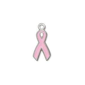 Charm, antiqued pewter (tin-based alloy) and pink enamel, 16x9mm awareness ribbon. Sold per pkg of 2.