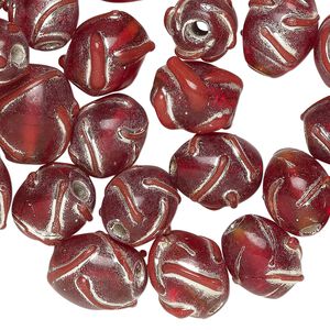 Bead, lampworked glass, translucent red and metallic silver, 11x9mm oval with swirl design. Sold per 2-ounce pkg, approximately 35 beads.