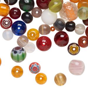 Bead mix, lampworked glass, opaque and translucent mixed colors, 8-13mm round. Sold per 4-ounce pkg, approximately 90 beads.