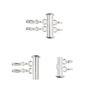 Clasp slide lock 1pkg1, 17x6mm round tube / 5mm jumpring / springring, silver-finished brass 2-strand
