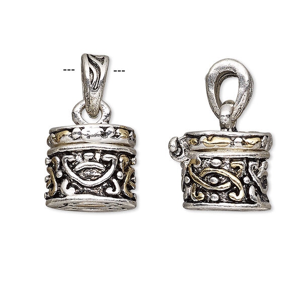Drop, antique silver- and gold-finished "pewter" (zinc-based alloy), 13x12mm cylinder prayer box with swirl design and magnetic closure. Sold individually. image number 0