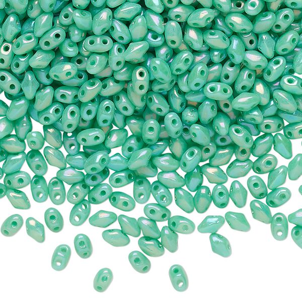 Bead, Preciosa Mini Twin™, Mini Pressed Twin, Czech pressed glass, opaque rainbow turquoise green, 4x2.5mm oval with (2) 0.7mm holes. Sold per 250-gram pkg. image number 0