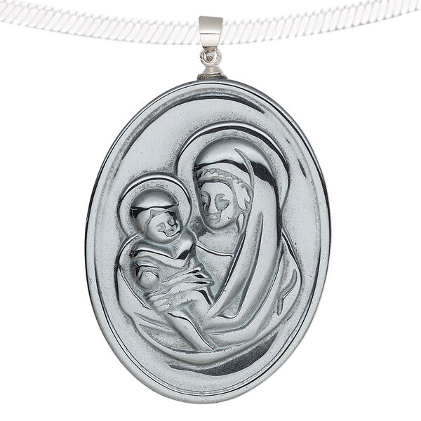 Pendant, Hemalyke™ (man-made) and silver-finished brass, 41x31mm single-sided oval with Mary and baby Jesus. Sold individually. image number 0