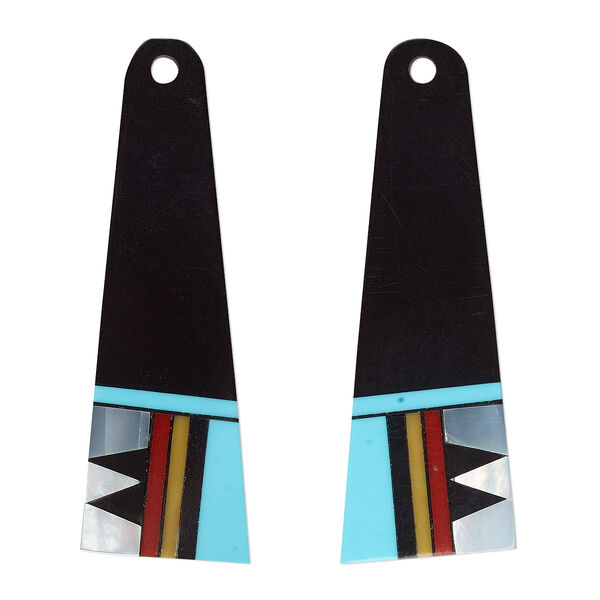 Focal, mother-of-pearl shell and resin, black / turquoise blue / red, 41x14mm single-sided right- and left-facing flat trapezoid. Sold per pkg of 2. image number 0