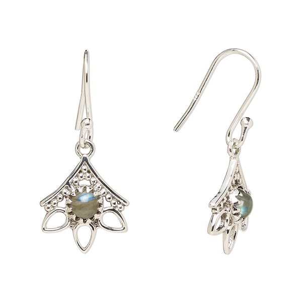 Earring, Create Compliments®, antiqued sterling silver and labradorite (natural), fishhook, 28mm with 14x12.5mm single-sided beaded open 3-teardrop, 21 gauge. Sold per pair. image number 0