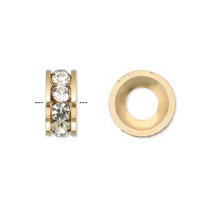 Bead, Dione®, Czech crystal and gold-finished brass, crystal clear, 14x6mm rondelle with 7mm hole. Sold per pkg of 2.