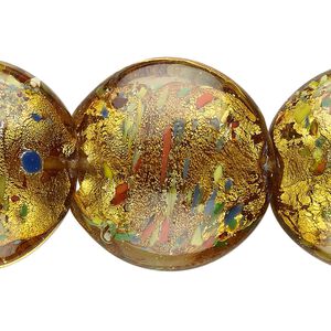 Bead, lampworked glass, golden yellow with silver-colored foil, 28mm puffed flat round. Sold per pkg of 6.