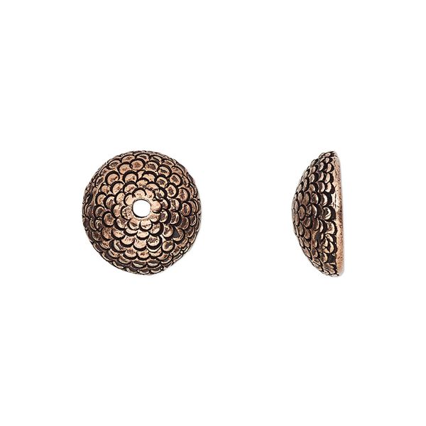 Bead cap, pewter (tin-based alloy), pkg/1, antique copper plate, 12.5x5mm textured round, fits 10-12mm bead. image number 0
