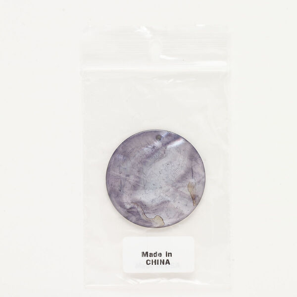 Focal, mother-of-pearl shell (dyed), steel blue, 35mm top-drilled flat round, Mohs hardness 3-1/2. Sold individually. image number 0