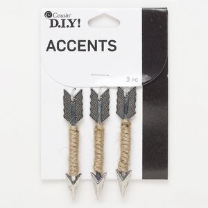Focal, antique silver-finished "pewter" (zinc-based alloy) and twine, brown, 61x11mm double-sided arrow. Sold per pkg of 3.
