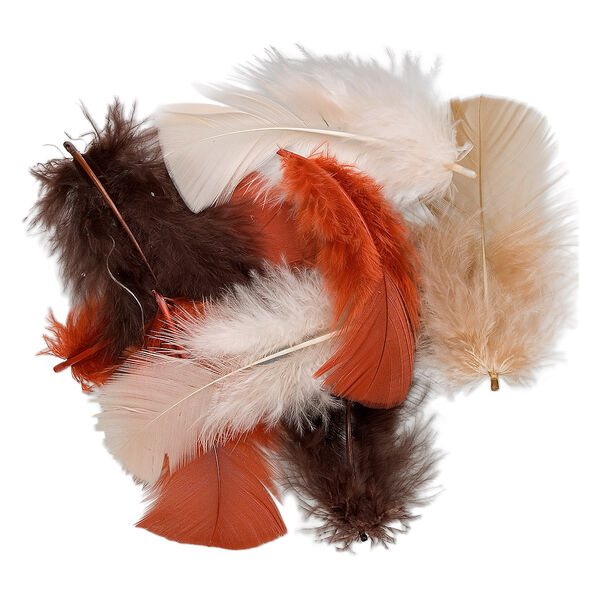 Feather mix, turkey (dyed), fall colors, 2-5 inches. Sold per 0.5-ounce pkg, approximately 170 feathers. image number 0
