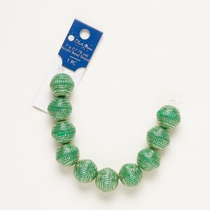 Bead, coated acrylic, green and gold, 18mm textured round with 4mm hole. Sold per 7-inch strand.