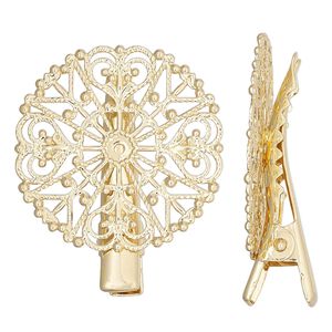 Brooch and hair clip, gold-finished brass and steel, 30.5mm fancy round. Sold individually.