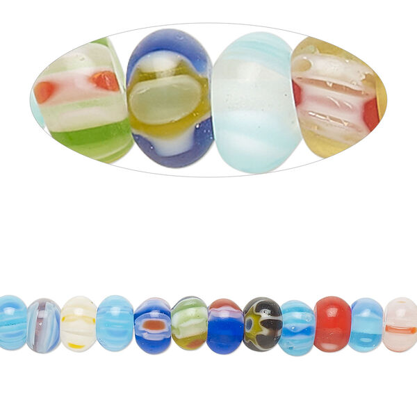 Bead, millefiori glass, translucent multicolored, 6x3-6x5mm rondelle with flower, sunburst and stripe design. Sold per 14-inch strand. image number 0