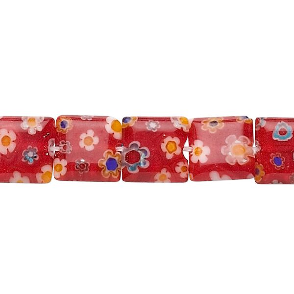Bead, millefiori glass, red, 10x10mm flat square. Sold per 15-inch strand. image number 0