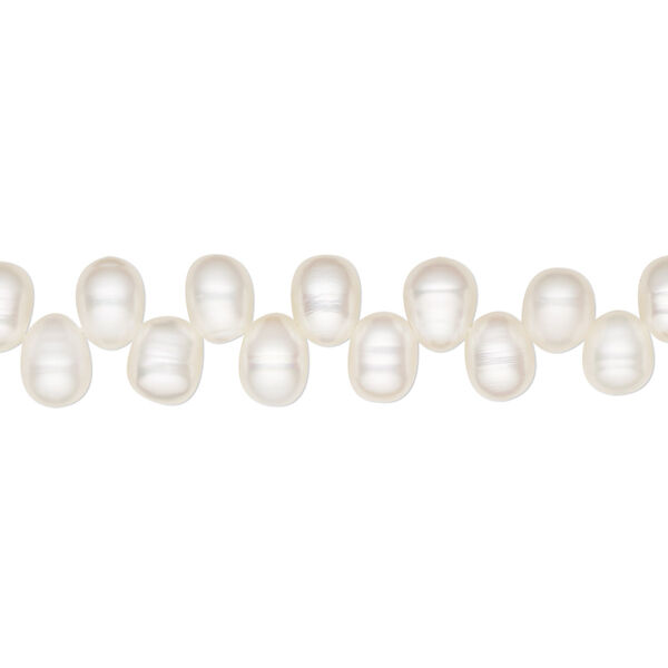 Pearl, cultured freshwater (bleached), white, 6x4mm-8x5mm top-drilled rice, C grade, Mohs hardness 2-1/2 to 4. Sold per 15-inch strand. image number 0