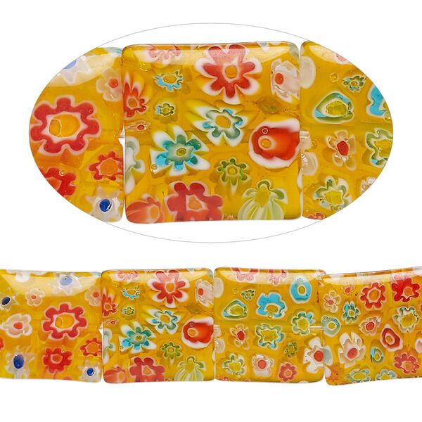 Bead, millefiori glass, translucent orange and multicolored, 18mm puffed square. Sold per 15-inch strand, approximately 20 beads. image number 0