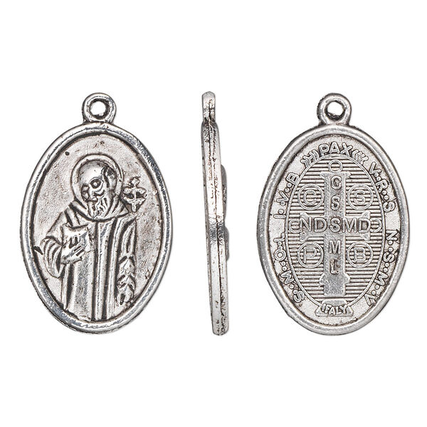Drop, antique silver-finished "pewter" (zinc-based alloy), 23x16mm two-sided oval with Saint Benedict. Sold per pkg of 10. image number 0