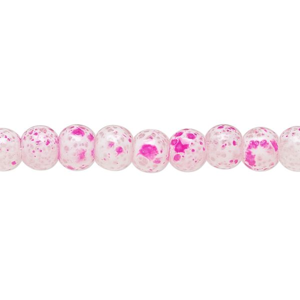 Bead, glass, opaque dark pink and white, 5-6mm round with random spotted pattern. Sold per 15-1/2" to 16" strand. image number 0