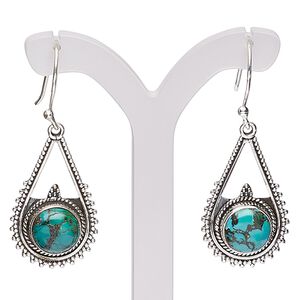 Earring, Create Compliments®, magnesite (dyed / stabilized) and antiqued sterling silver, turquoise green, 40mm with beaded teardrop and fishhook ear wire, 21 gauge. Sold per pair.