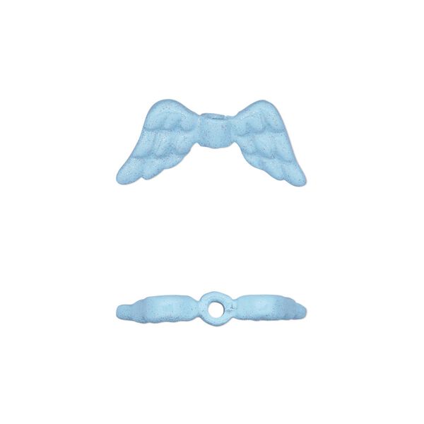 Bead, enamel and pewter (tin-based alloy), blue with glitter, 20x9mm double-sided angel wing. Sold individually. image number 0