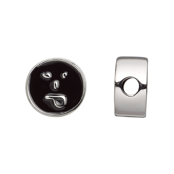 Bead, Dione®, enamel and silver-finished "pewter" (zinc-based alloy), black, 16mm double-sided flat round with playful emoticon face and 4mm hole. Sold individually. image number 0