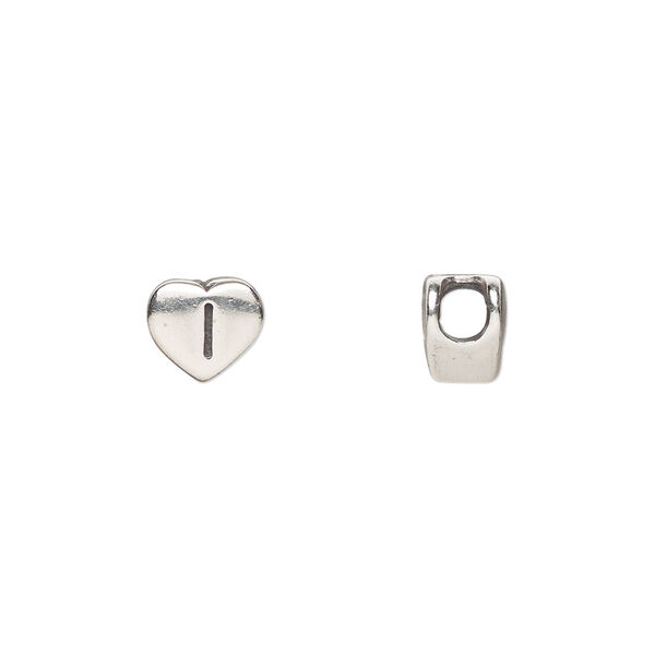 Bead, sterling silver, 7.5x7mm heart with alphabet letter "I." Sold individually. image number 0
