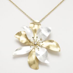 Necklace, glass rhinestone / gold-finished steel / imitation rhodium-plated "pewter" (zinc-based alloy), clear, 3x3-inch scratched flower, 18 inches with 3-inch extender chain and lobster claw clasp. Sold individually.