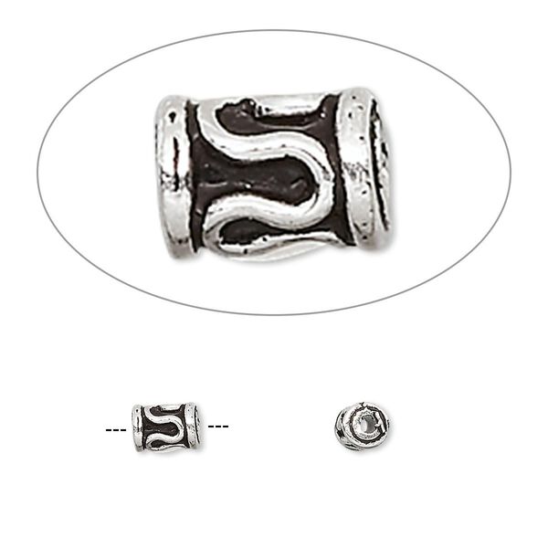 Bead, sterling silver, 6x4mm tube with scroll. Sold per pkg of 4. image number 0