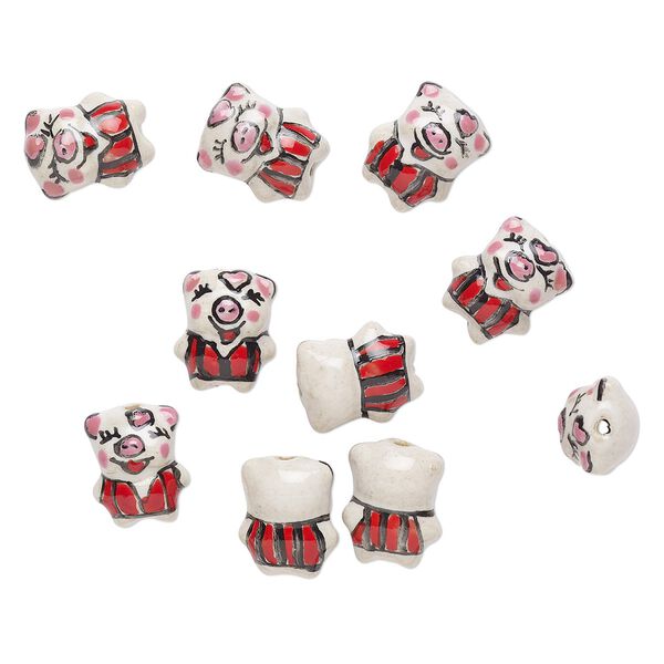 Bead, porcelain, multicolored, 18x14mm pig. Sold per pkg of 10. image number 0