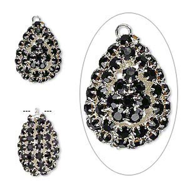 Focal, glass rhinestone and silver-plated brass, black, 30x22mm double-sided teardrop with 4mm chatons. Sold individually. image number 0