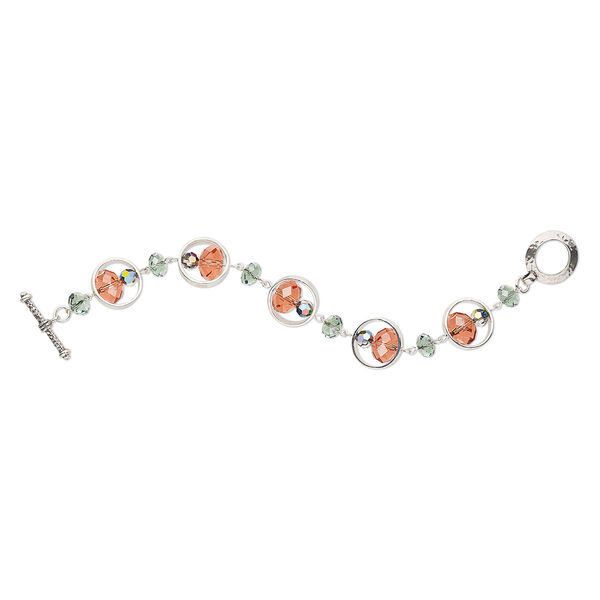 Bracelet, One of a Kind Jewelry, crystal, padparadscha / green / crystal vitrail, 6-1/2 inches. Only one available. image number 0