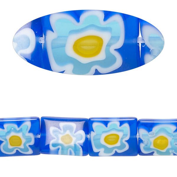 Bead, millefiori glass, translucent multicolored, 11x9mm-12x10mm puffed rectangle. Sold per 14-inch strand. image number 0