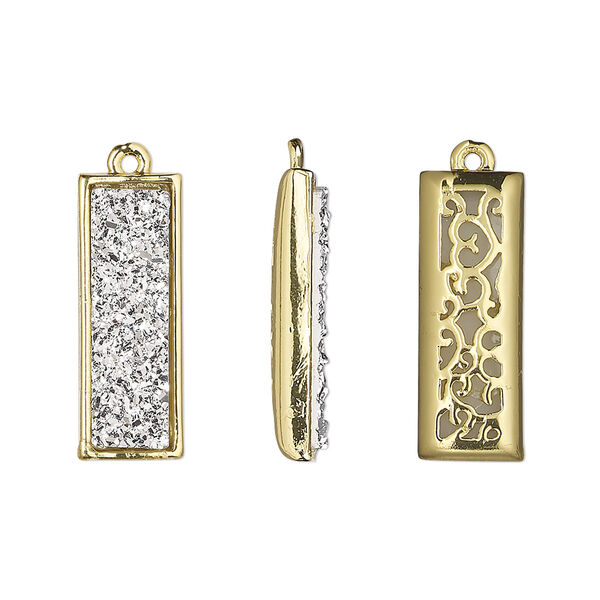 Drop, Druzylite™, "druzy" (resin) and gold-finished brass, silver, 21x8mm two-sided rectangle with open filigree back. Sold per pkg of 4. image number 0