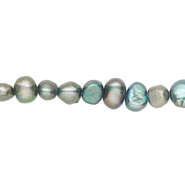 Pearl, cultured freshwater (dyed), iris green, 5-6mm flat-sided potato with 0.4-0.5mm hole, D grade, Mohs hardness 2-1/2 to 4. Sold per 15-inch strand. image number 0