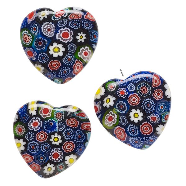 Bead, millefiori glass, translucent multicolored, 24-26mm half-drilled puffed heart with flower design. Sold per pkg of 3. image number 0