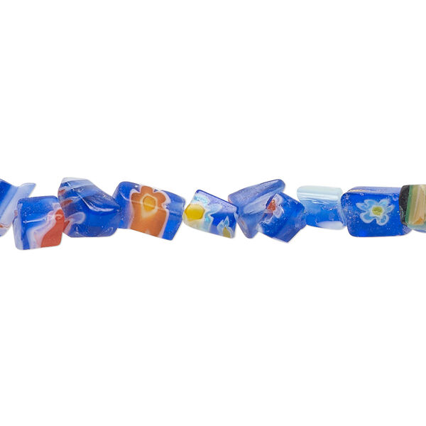 Bead, millefiori glass, translucent cobalt blue and multicolored, small chip. Sold per 35-inch strand. image number 0