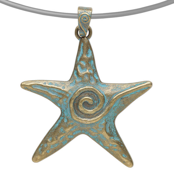 Pendant, antique brass-finished "pewter" (zinc-based alloy), green patina, 2-1/2 inch single-sided starfish with swirl design. Sold per pkg of 2. image number 0