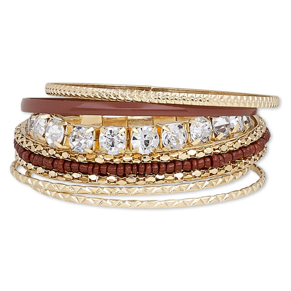 Bracelet, bangle and stretch, enamel / glass / glass rhinestone / gold-finished steel, brown and clear, 3-10mm wide with cupchain, 7-1/2 to 8-1/2 inches. Sold per 6-piece set. image number 0