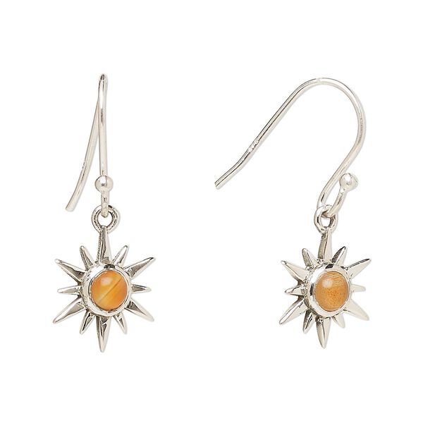 Earring, Create Compliments®, antiqued sterling silver and carnelian (dyed/heated), fishhook, 27mm with 12mm single-sided star, 21 gauge. Sold per pair. image number 0