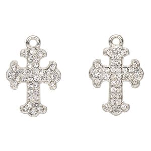 Drop, antique silver-finished "pewter" (zinc-based alloy) and glass, clear, 22x17mm cross. Sold per pkg of 2.