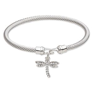 Bracelet, bangle, Czech glass rhinestone with silver-plated brass and "pewter" (zinc-based alloy), clear, 4mm twisted cable with 20x19mm dragonfly, 7-1/2 inches with hook-and-eye clasp. Sold individually.