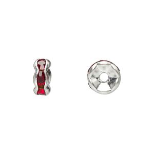 Bead, glass rhinestone and silver-plated brass, garnet red, 8x4mm rondelle. Sold per pkg of 10.
