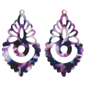 Focal, resin, purple / dark purple / white, 50x31mm fancy teardrop. Sold per pkg of 2.