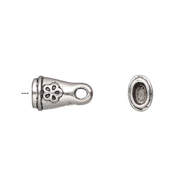 Cord end, glue-in, antique silver-finished "pewter" (zinc-based alloy), 14.5x8.5x6mm flower, 5x3mm inside diameter. Sold per pkg of 4. image number 0