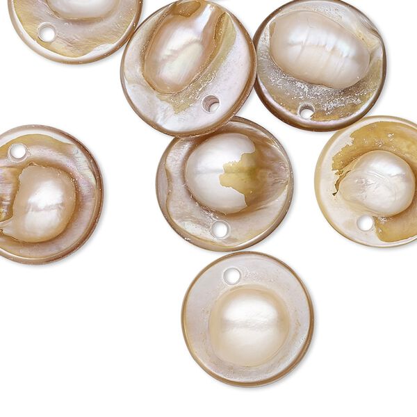 Drop, blister pearl shell (natural), 15mm single-sided puffed flat round. Sold per pkg of 10. image number 0