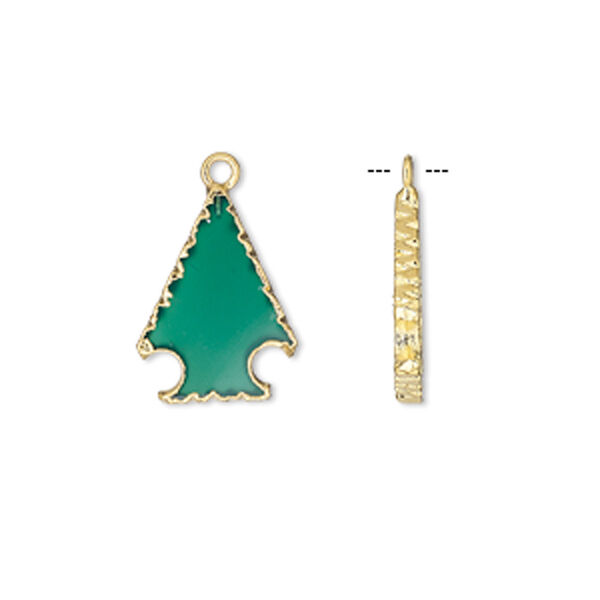 Drop, green onyx (dyed) / electroplated gold / gold-finished sterling silver, 20x15mm hand-cut Christmas tree. Sold per pkg of 2. image number 0